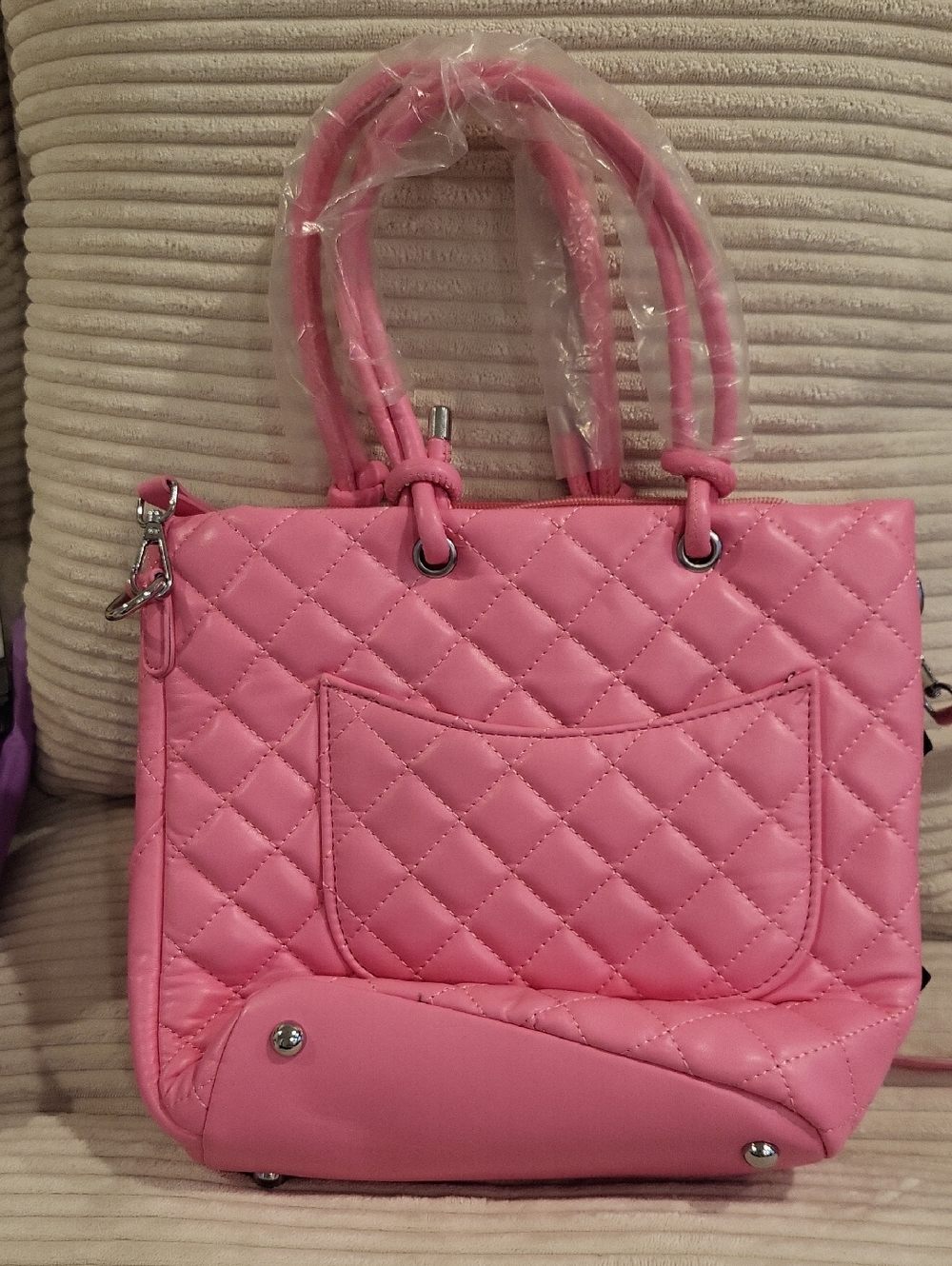 Pink Quilted Tote Handbag with Black Accent